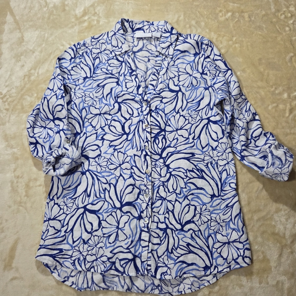 Martha Stewart Linen Blue and White Floral Button-Up Shirt Sz S Tunic